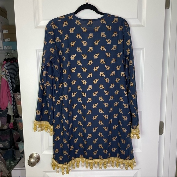 Boutique Lexi York 100% Cotton Elephant Print Shift Dress w/Ornate Pompom Tassel - Picture 8 of 11